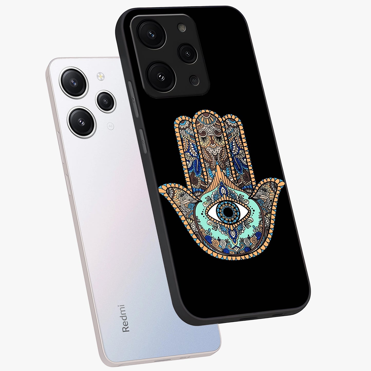 Mystic Hamsa Eye Glass Case displayed in angled mockup highlighting spiritual hamsa symbol with mystical aesthetic style.