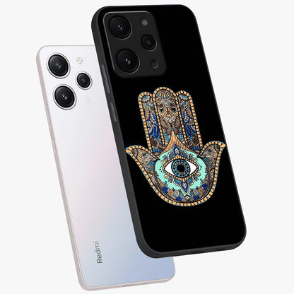 Mystic Hamsa Eye Glass Case displayed in angled mockup highlighting spiritual hamsa symbol with mystical aesthetic style.