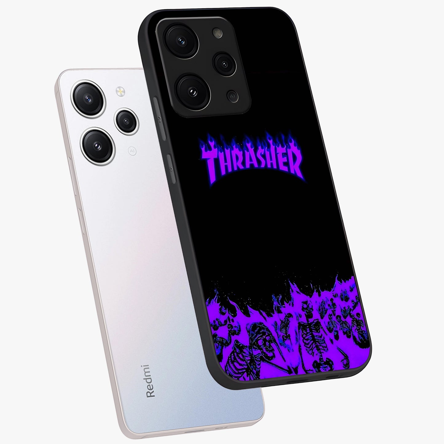 Neon Flame Riot Glass Case displayed in angled mockup highlighting glowing flame design with vibrant neon aesthetic.