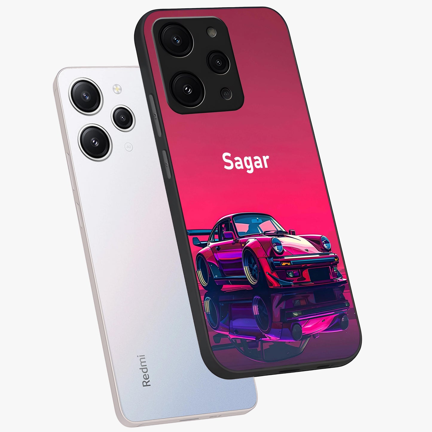 Neon Pink Porsche Glass Case displayed in angled mockup highlighting sleek neon pink car design with racing aesthetic.