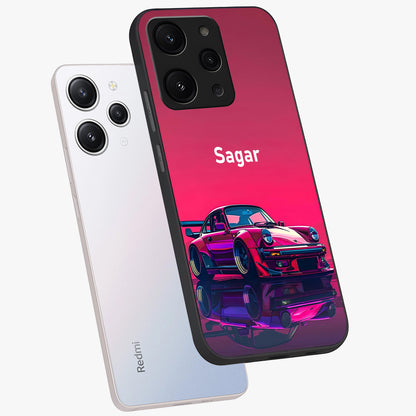 Neon Pink Porsche Glass Case displayed in angled mockup highlighting sleek neon pink car design with racing aesthetic.