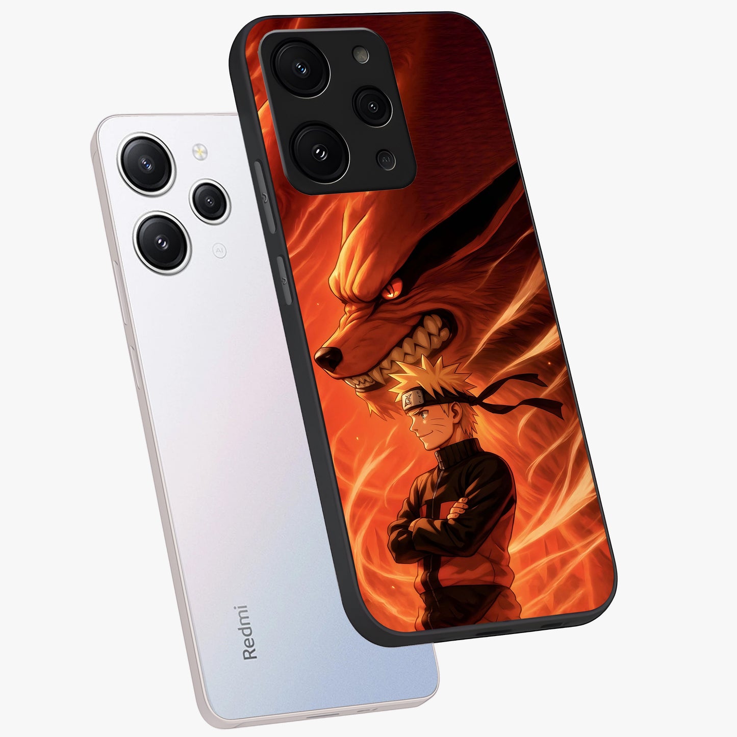Nine Tails Legacy Glass Case displayed in angled mockup highlighting dynamic anime beast illustration with bold mystical aesthetic.
