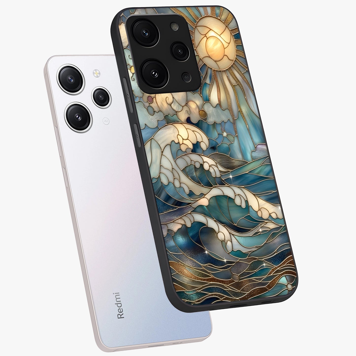 Oceanic Stained Printed Glass Case displayed in angled mockup highlighting colorful aquatic design with artistic aesthetic style.