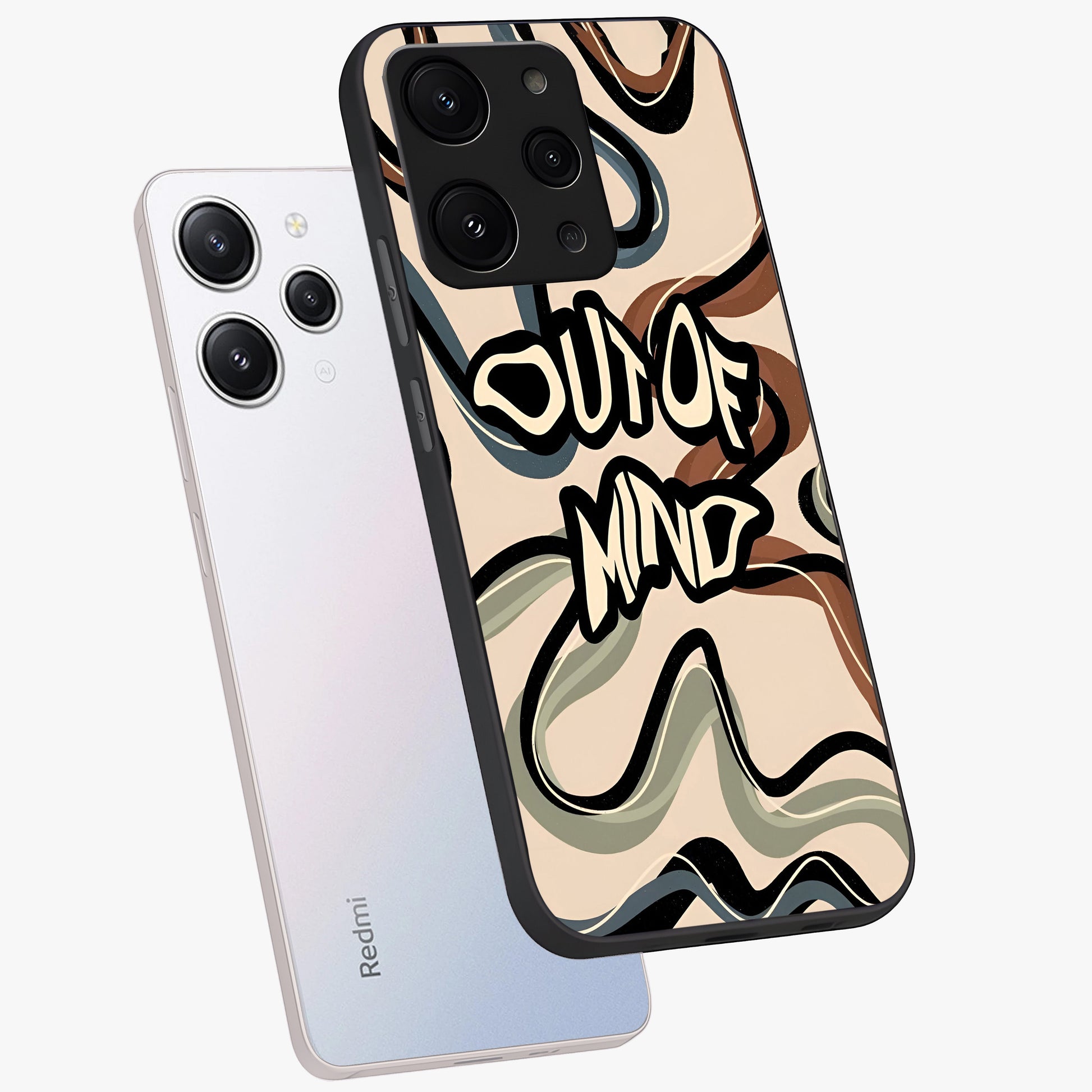 Out Of Mind Glass Case displayed in angled mockup highlighting bold statement design with modern artistic aesthetic.