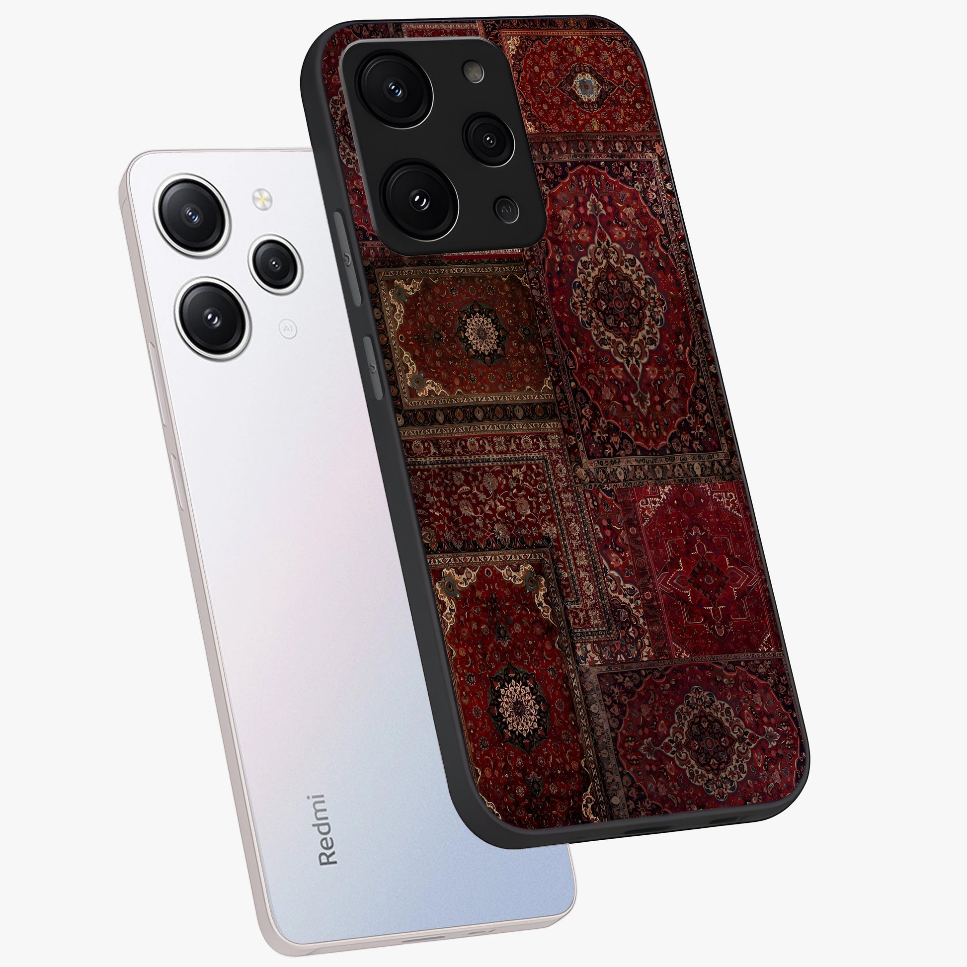 Persian Velvet Tale Glass Case displayed in angled mockup highlighting ornate textile inspired design with royal aesthetic.