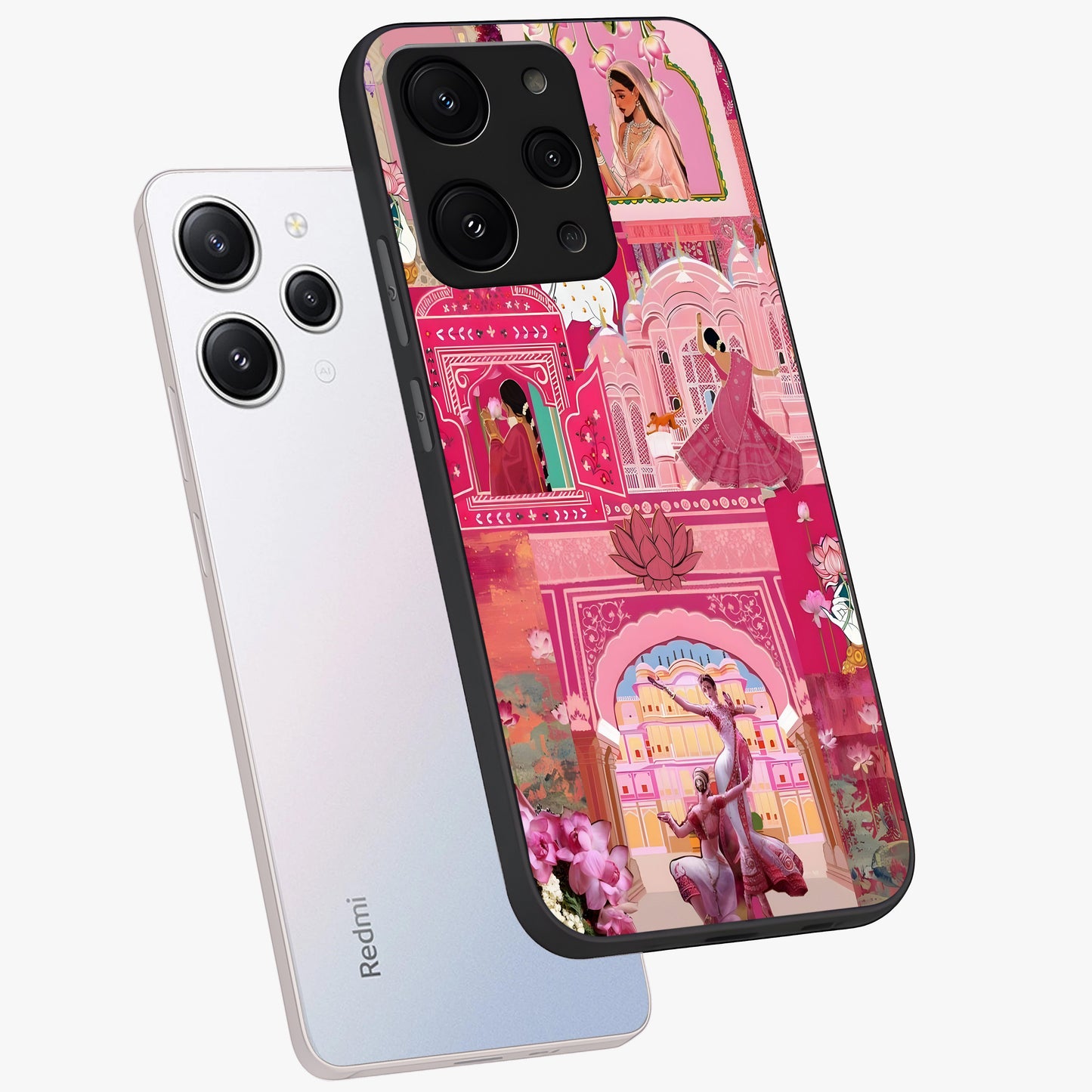 Pink Palace Muse Glass Case displayed in angled mockup highlighting dreamy palace illustration with soft pink aesthetic.
