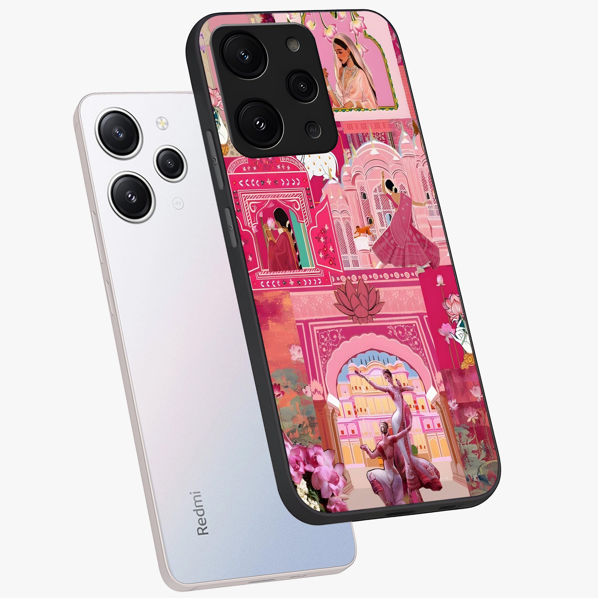 Pink Palace Muse Glass Case displayed in angled mockup highlighting dreamy palace illustration with soft pink aesthetic.