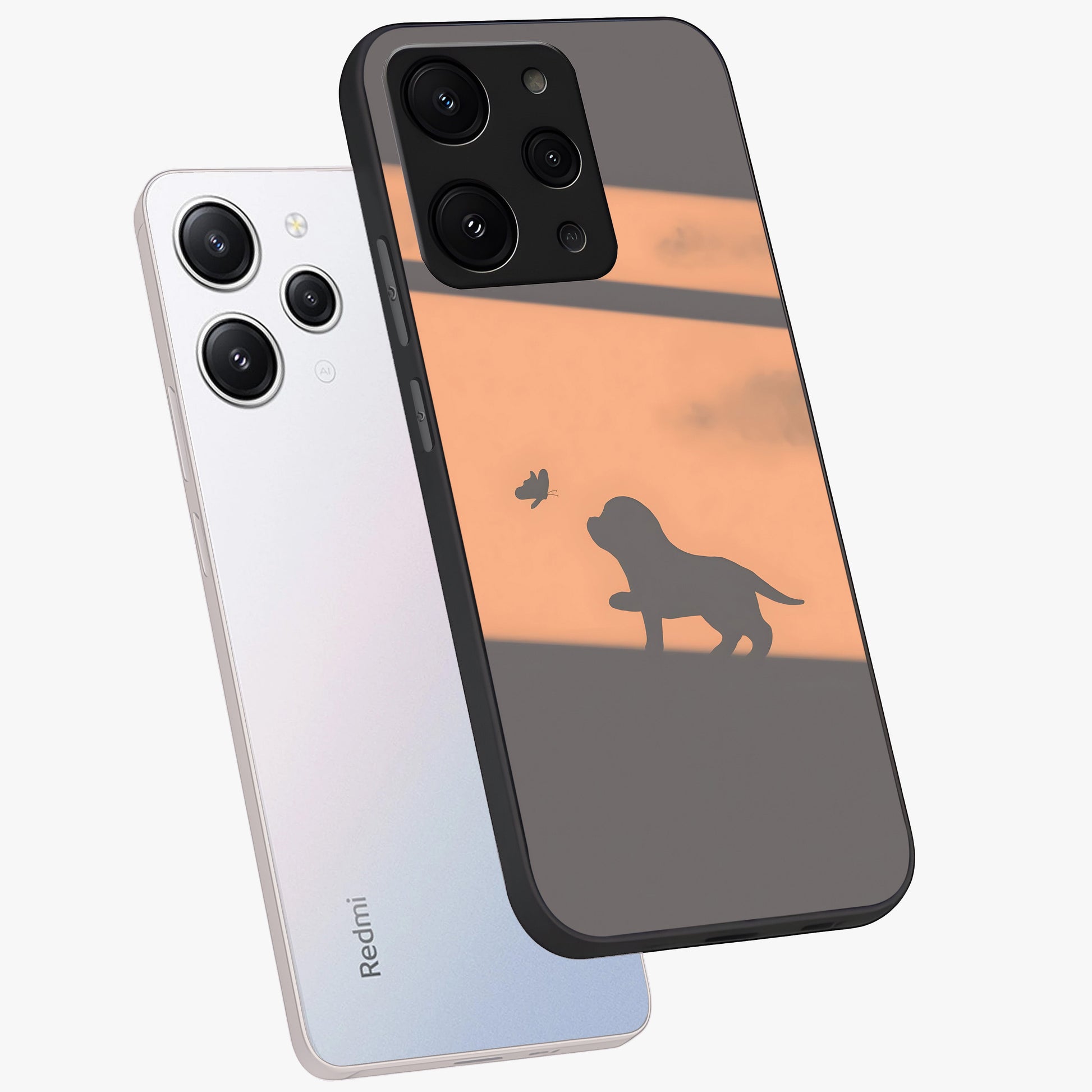 Puppy Shadow Art Glass Case displayed in angled mockup highlighting playful dog illustration with artistic shadow aesthetic.