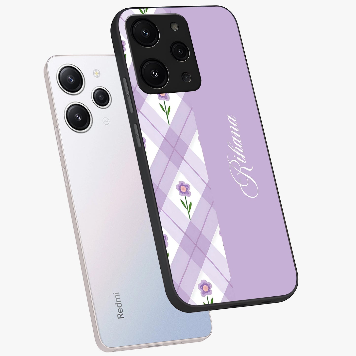 Purple Diamond Floral Glass Case displayed in angled mockup highlighting elegant purple flower design with decorative pattern.