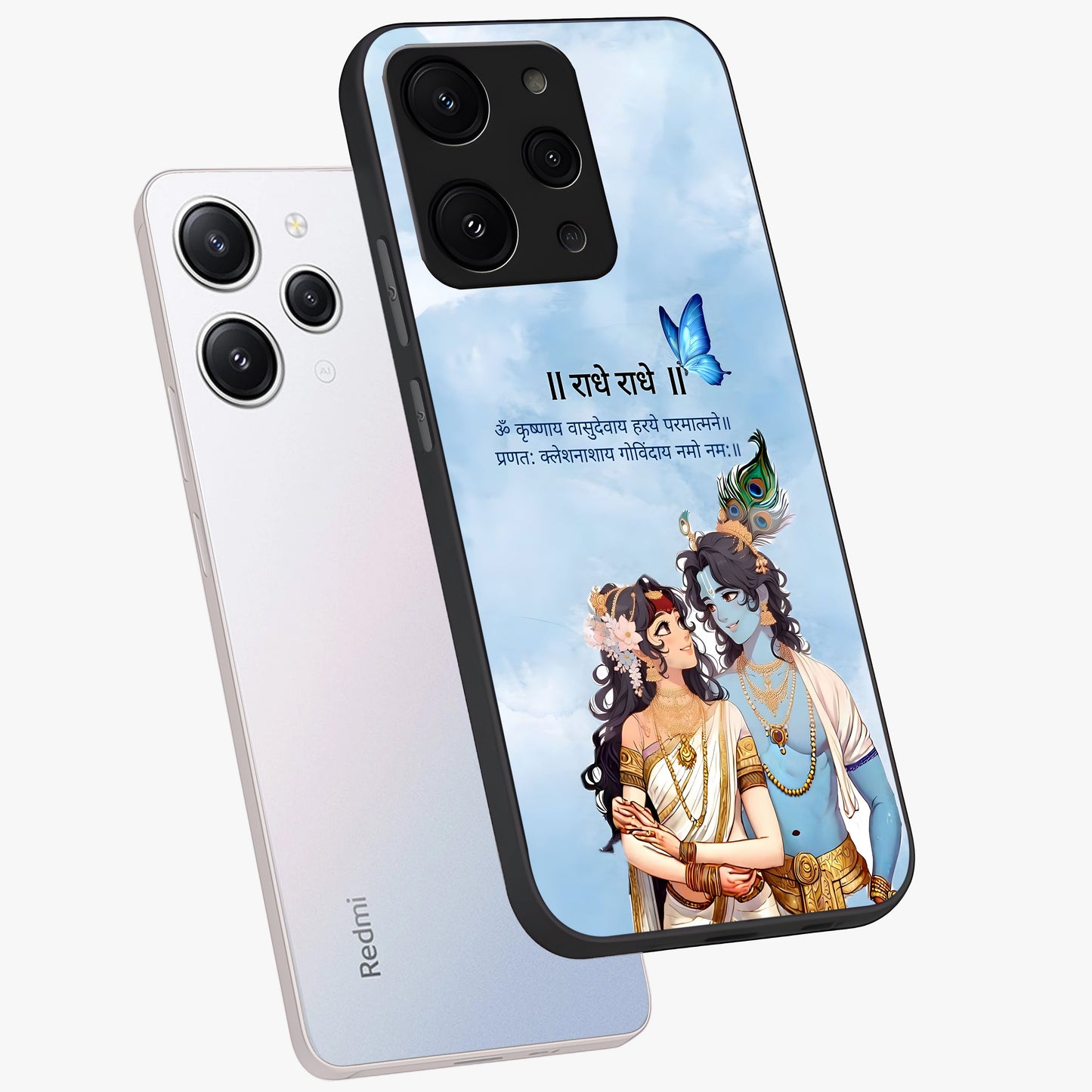 Radha Krishna Eternal Glass Case displayed in angled mockup highlighting divine Radha Krishna illustration with spiritual aesthetic.