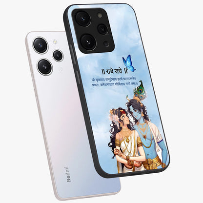 Radha Krishna Eternal Glass Case displayed in angled mockup highlighting divine Radha Krishna illustration with spiritual aesthetic.