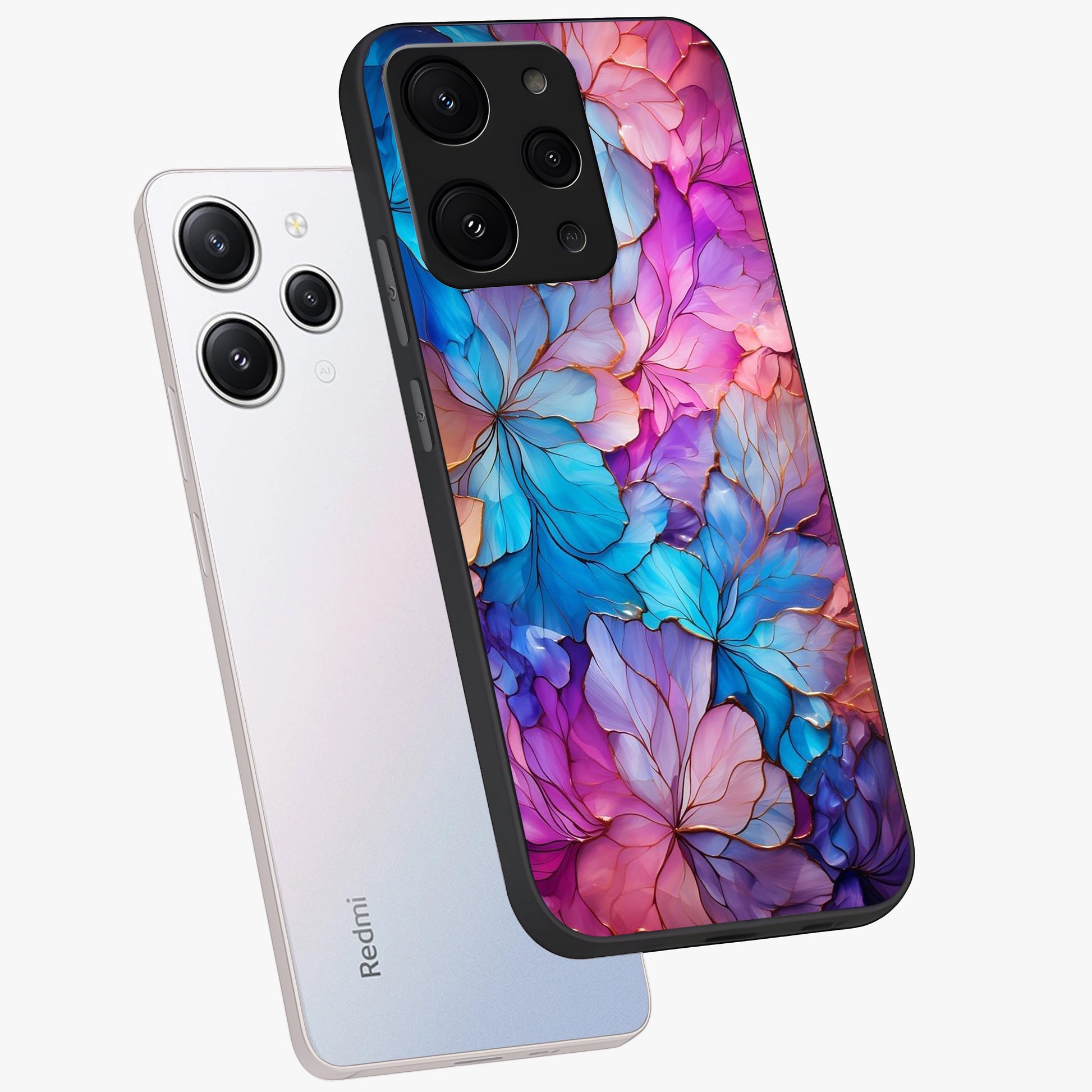 Radiant Floral Whirl Glass Case displayed in angled mockup highlighting vibrant flower pattern with dynamic artistic aesthetic.