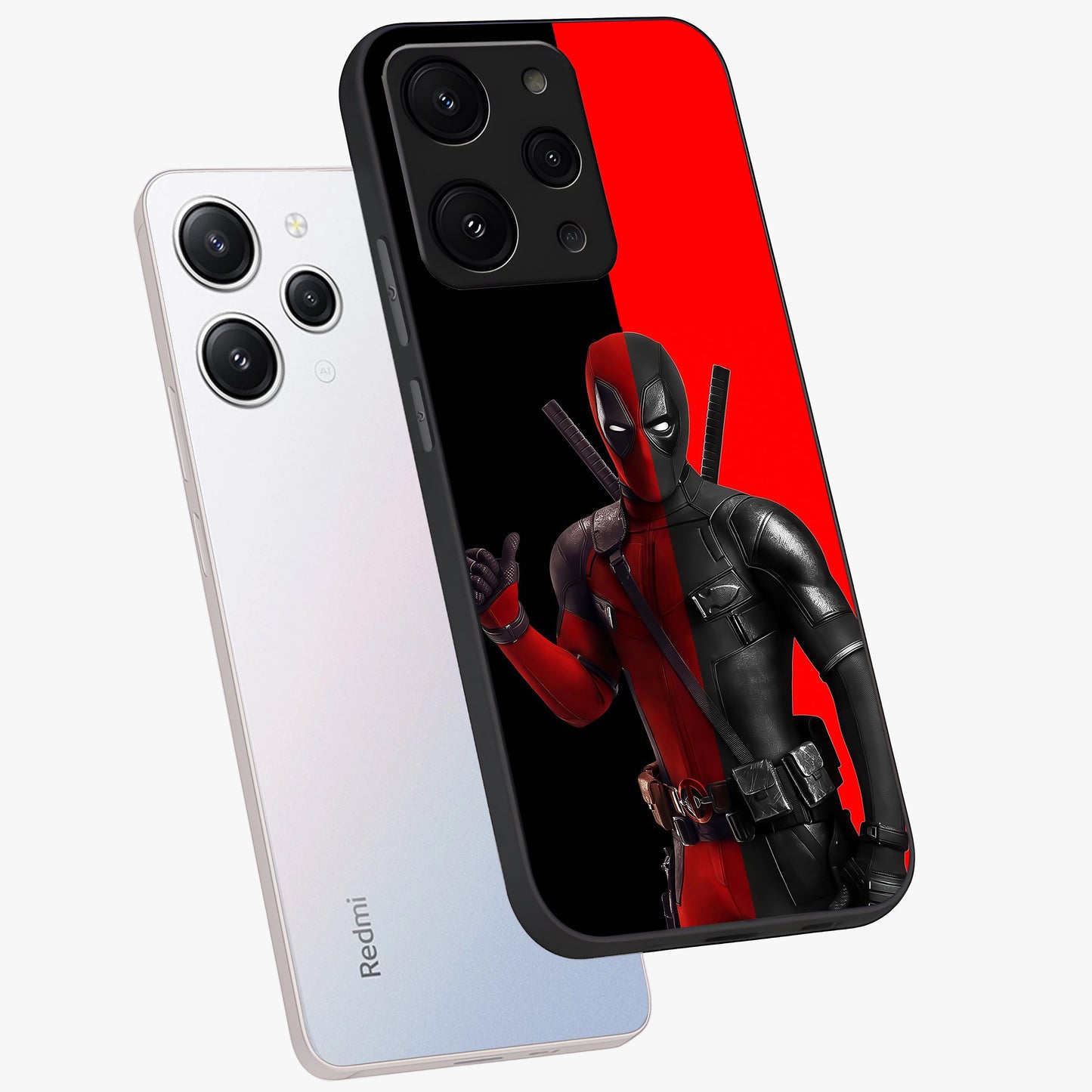 Red & Black Deadpool Theme Glass Case displayed in angled mockup highlighting vibrant superhero style illustration with action aesthetic.