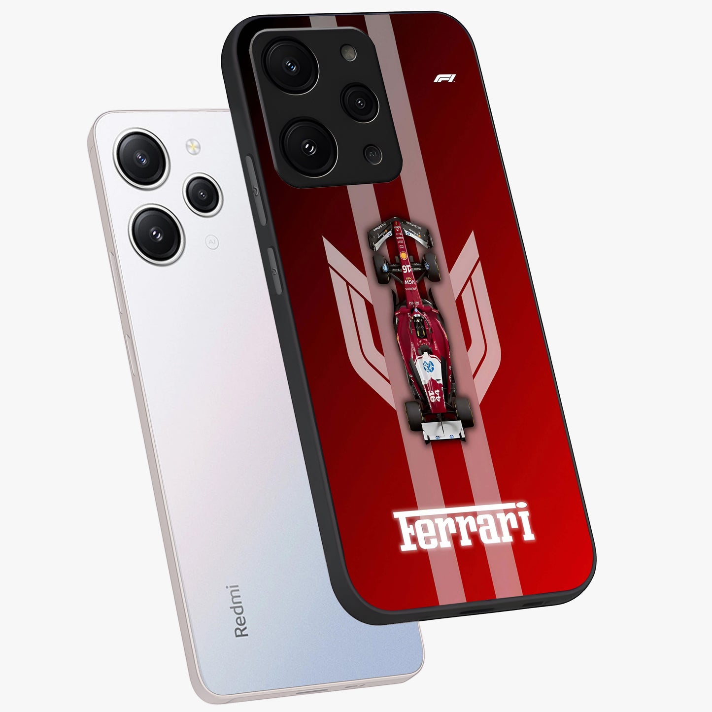 Red Ferrari F1 Vertical Glass Case displayed in angled mockup highlighting high speed racing design with bold automotive aesthetic.