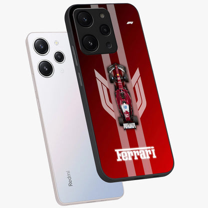 Red Ferrari F1 Vertical Glass Case displayed in angled mockup highlighting high speed racing design with bold automotive aesthetic.