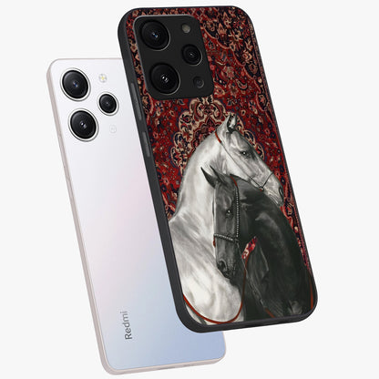 Regal Stallion Tapestry Glass Case displayed in angled mockup highlighting royal stallion design with decorative heritage aesthetic.