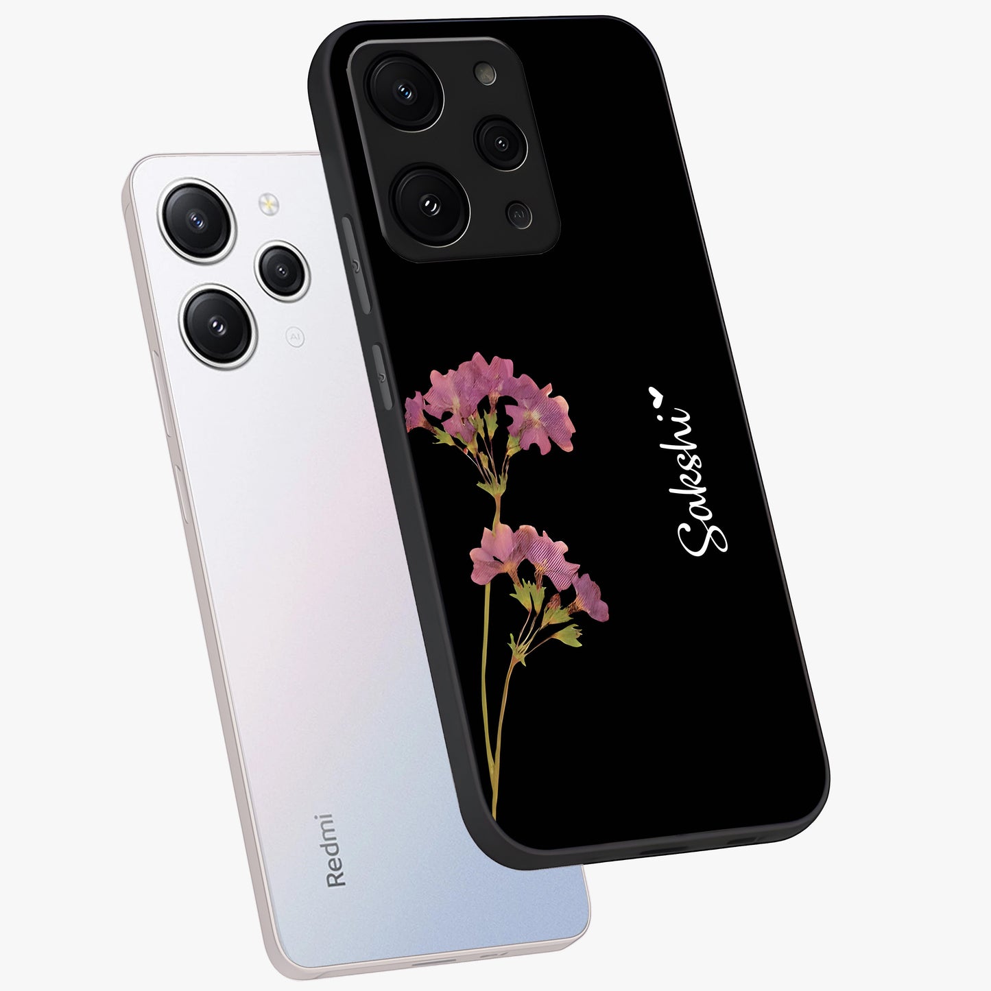 Riching Lavender Flower Custom Name Glass Case displayed in angled mockup highlighting delicate lavender flower design with custom name feature.