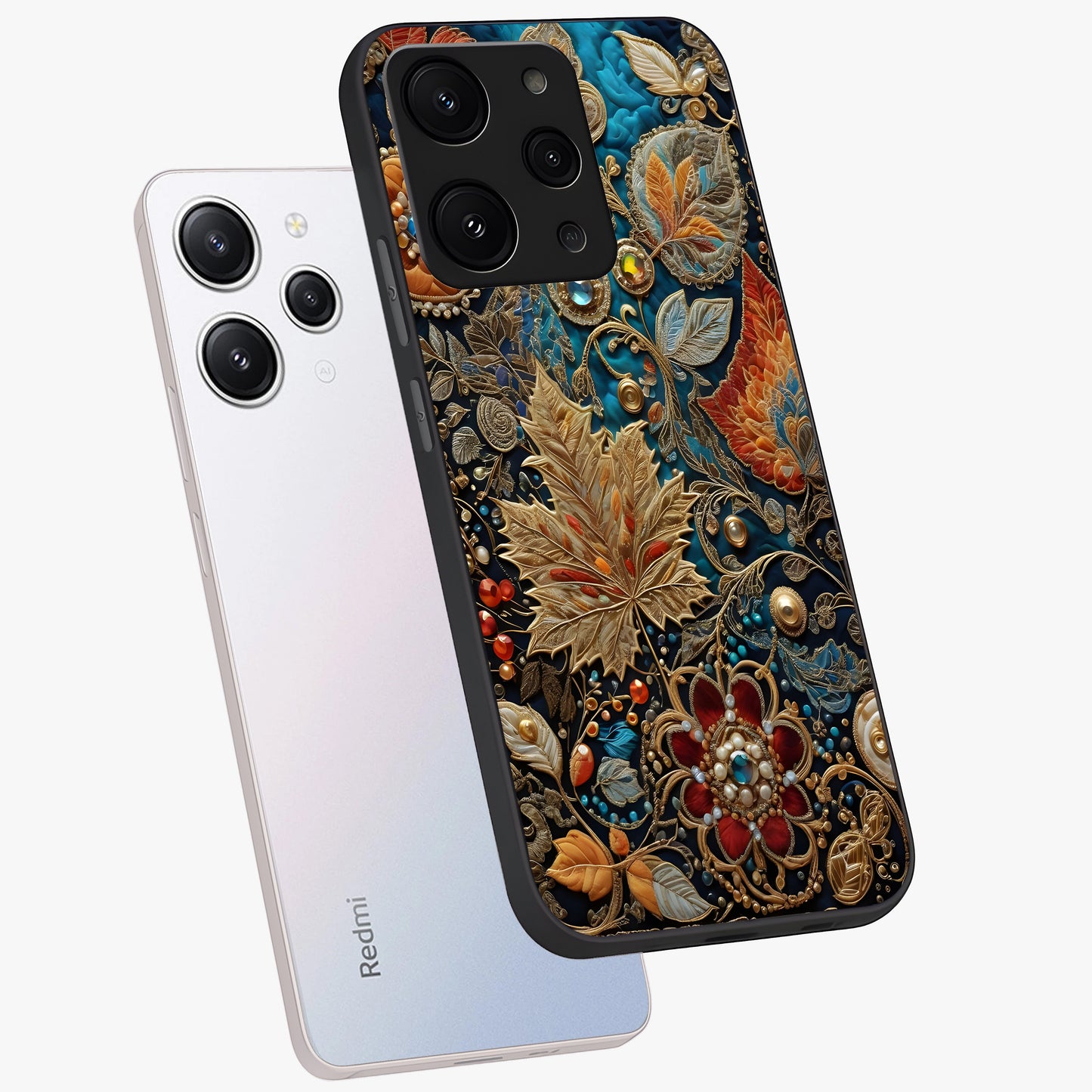 Royal Jewel Garden Glass Case displayed in angled mockup highlighting vibrant jewel inspired floral design with elegant aesthetic.