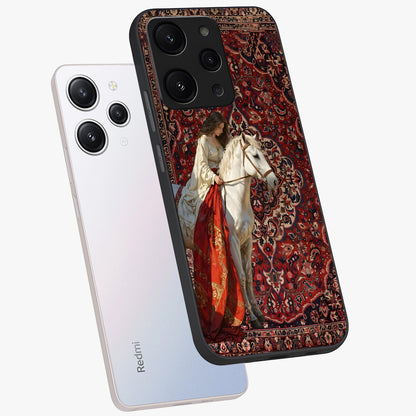 Royal Rider Tapestry Glass Case displayed in angled mockup highlighting traditional tapestry design with royal heritage aesthetic.