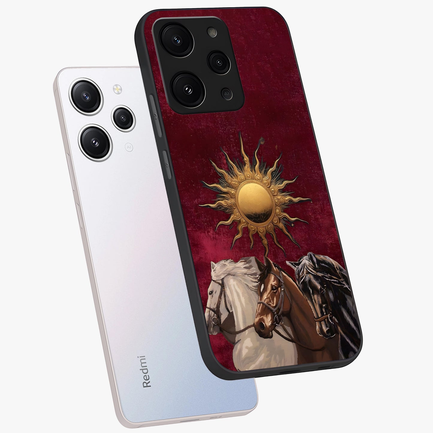 Solar Riders Glass Case displayed in angled mockup highlighting powerful rider illustration with radiant solar aesthetic.