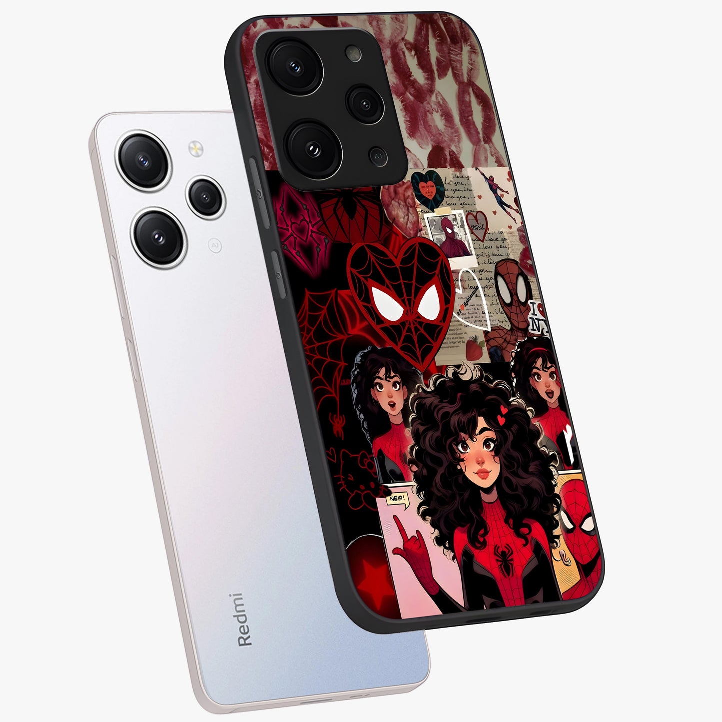 Spider Love Story Glass Case displayed in angled mockup highlighting expressive comic inspired design with playful aesthetic.