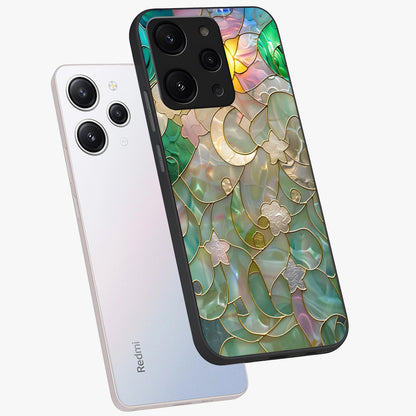 Stained Sunrise Glow Glass Case displayed in angled mockup highlighting radiant sunrise design with artistic aesthetic style.
