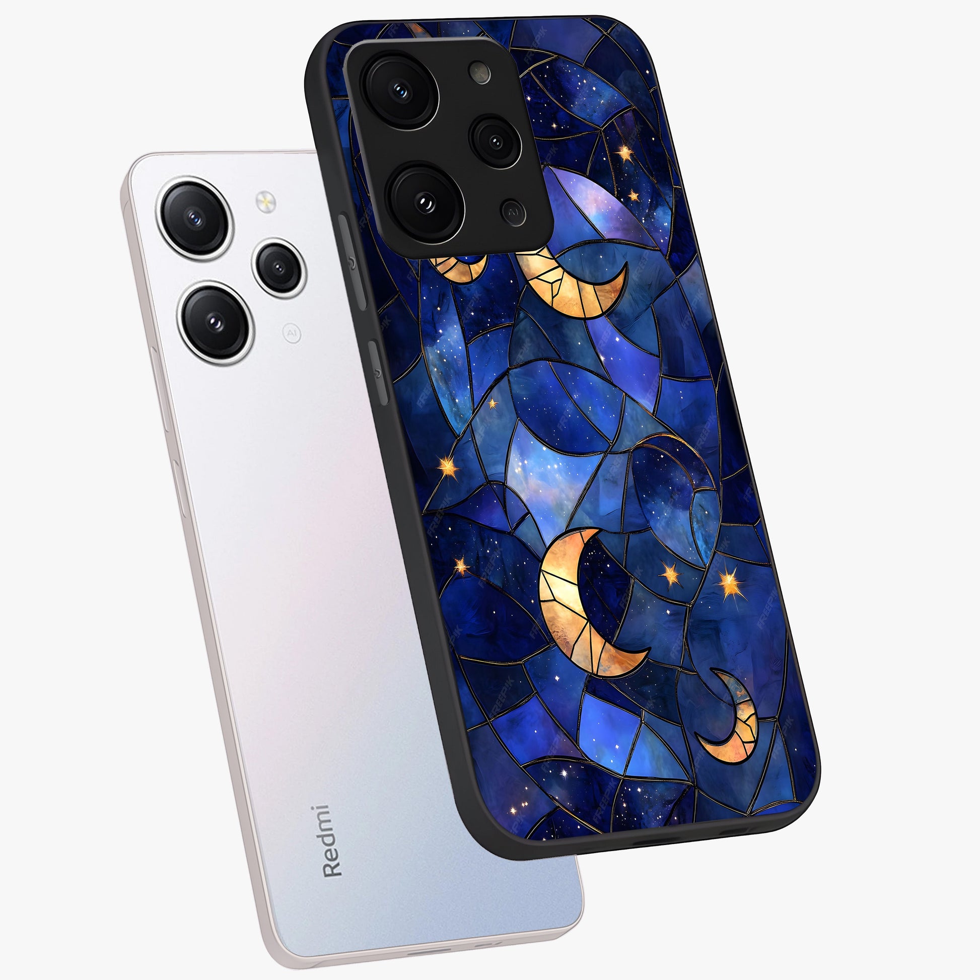 Starlit Sky Tapestry Glass Case displayed in angled mockup highlighting celestial night pattern with artistic aesthetic style.