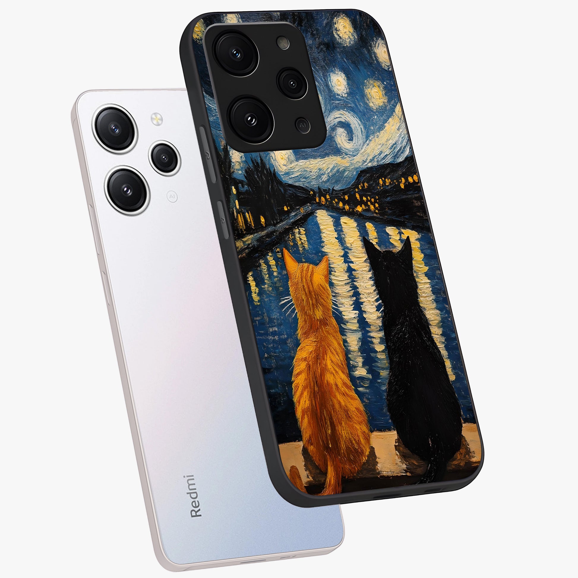 Starry River Cats Glass Case displayed in angled mockup highlighting charming feline illustration with dreamy night aesthetic.