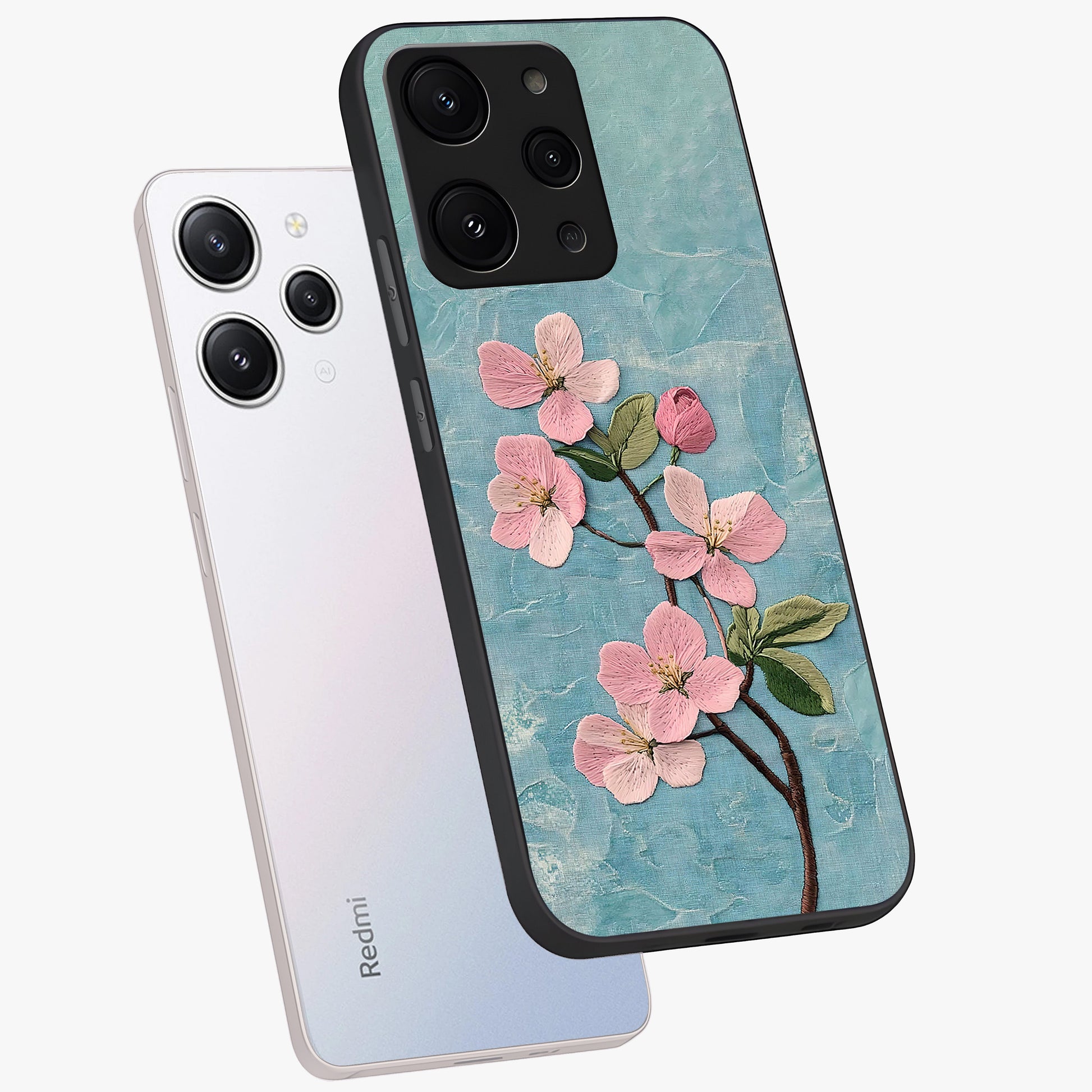 Threaded Blossom Breeze Glass Case displayed in angled mockup highlighting elegant floral design with soft aesthetic style.