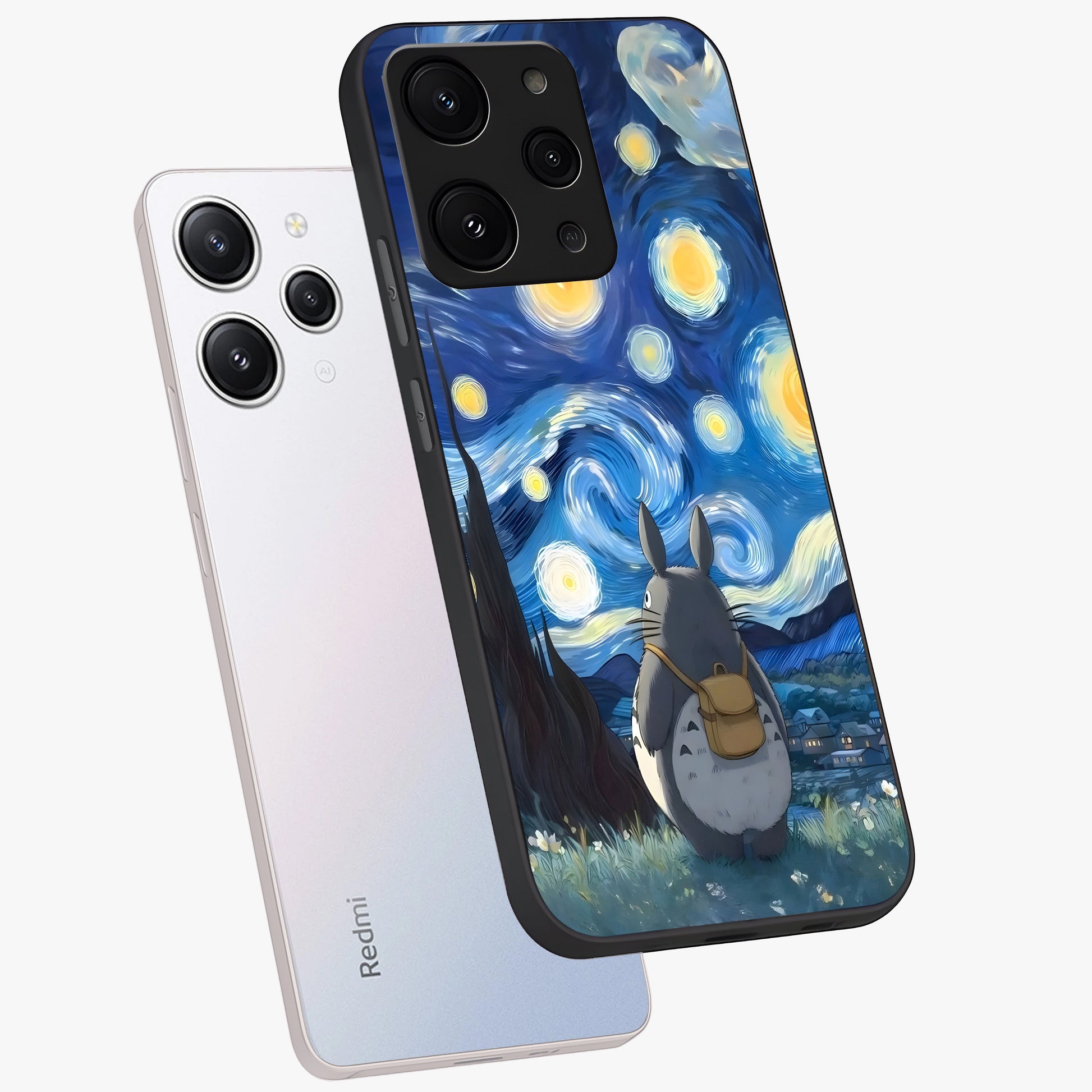 Totoro In Van Gogh Art Glass Case displayed in angled mockup highlighting artistic swirling sky design with playful animation aesthetic.