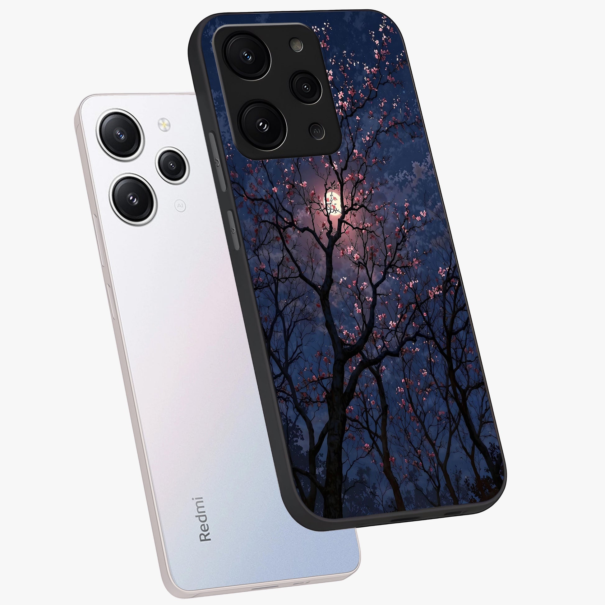 Twilight Sakura Serenade Glass Case displayed in angled mockup highlighting delicate sakura flower design with dreamy aesthetic.