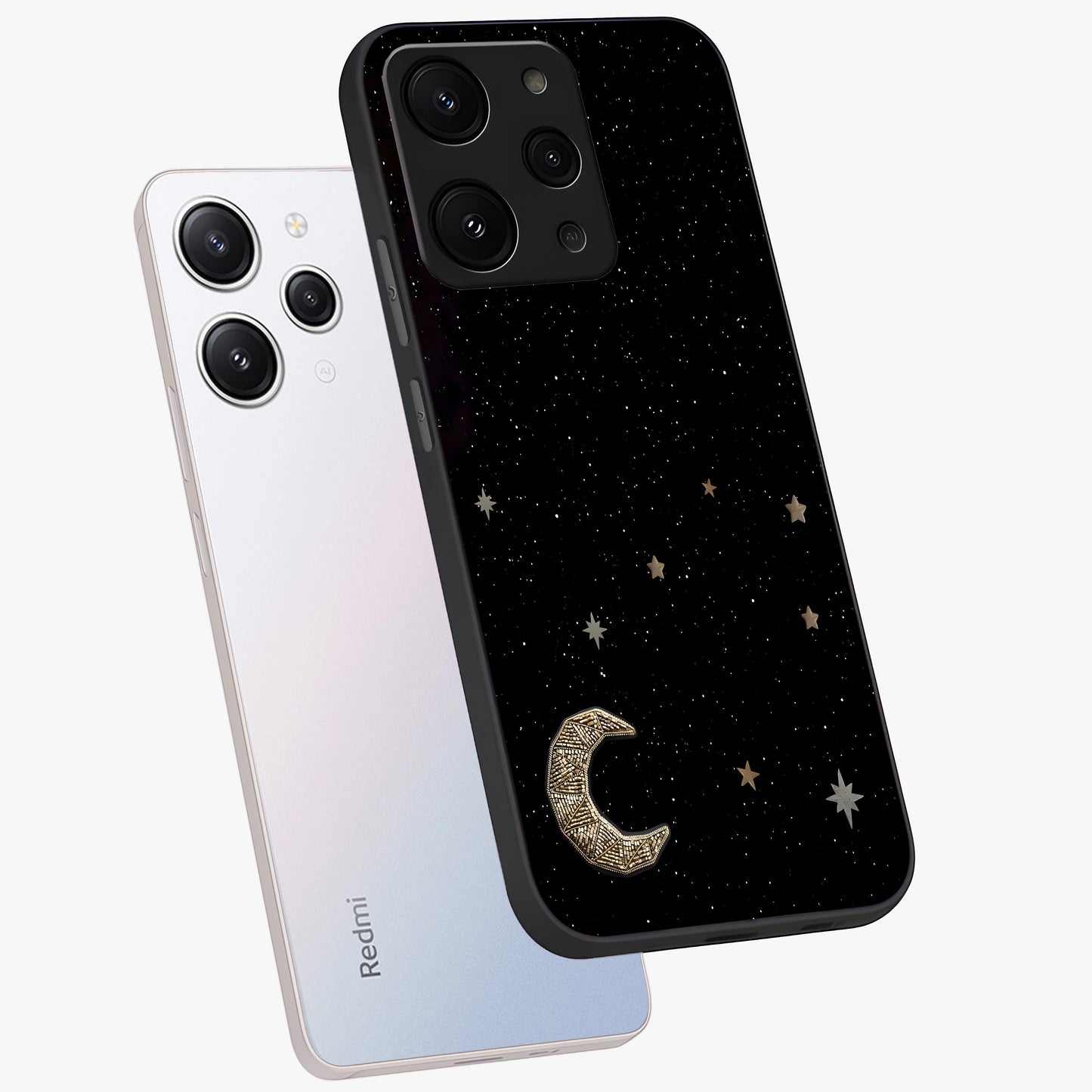 Twinkle Star With Half Moon Glass Case displayed in angled mockup highlighting celestial moon and star design with magical aesthetic.