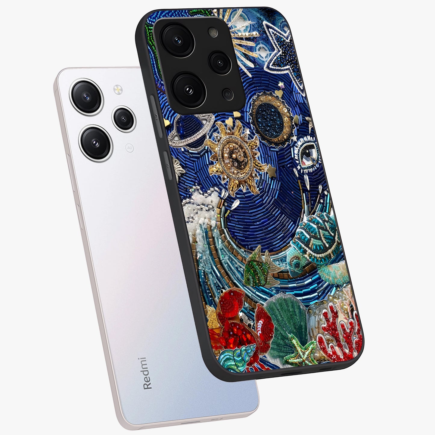 Universe Underwater Spark Glass Case displayed in angled mockup highlighting glowing aquatic design with celestial aesthetic.