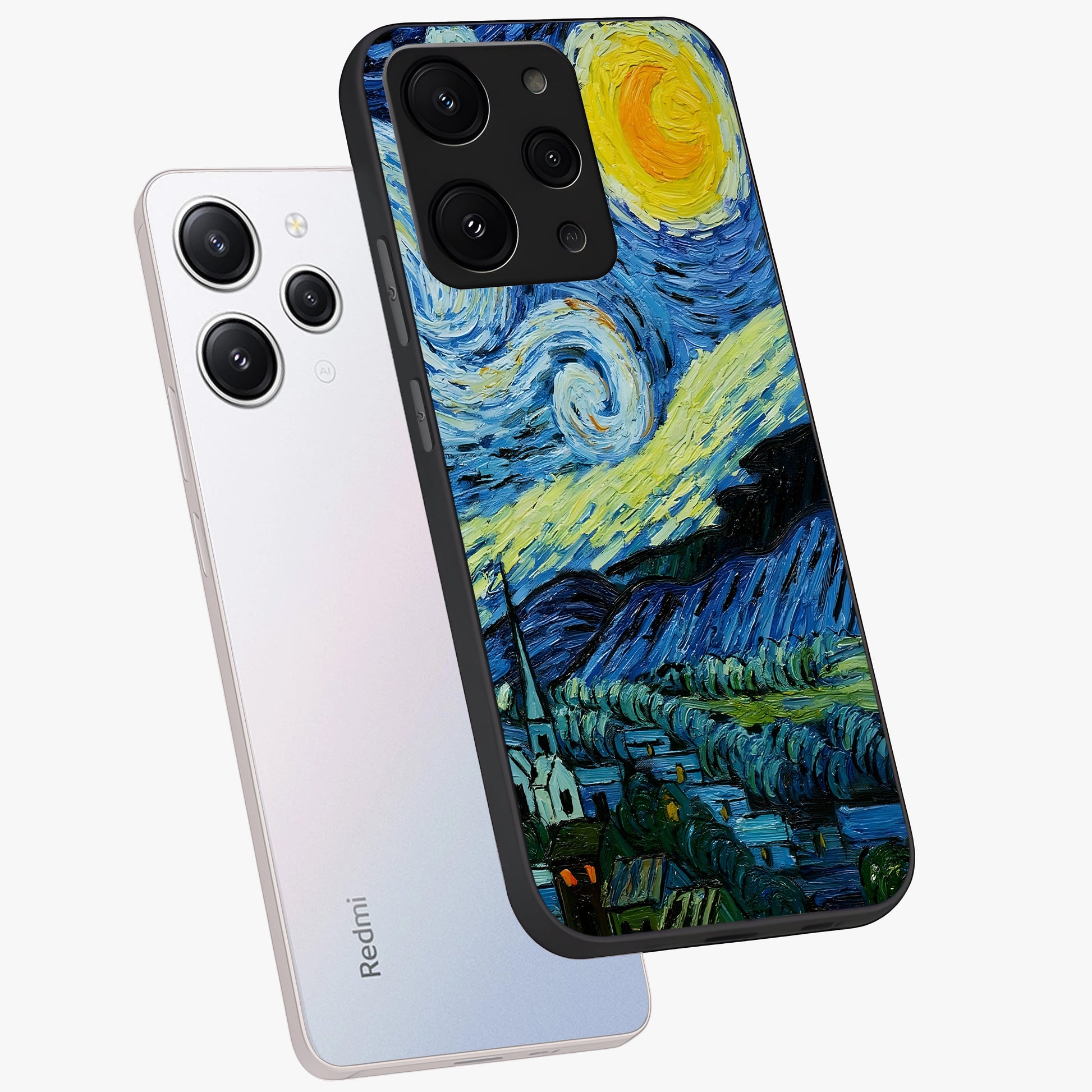 Van Gogh Art Glass Case displayed in angled mockup highlighting swirling brushstroke design with artistic aesthetic.