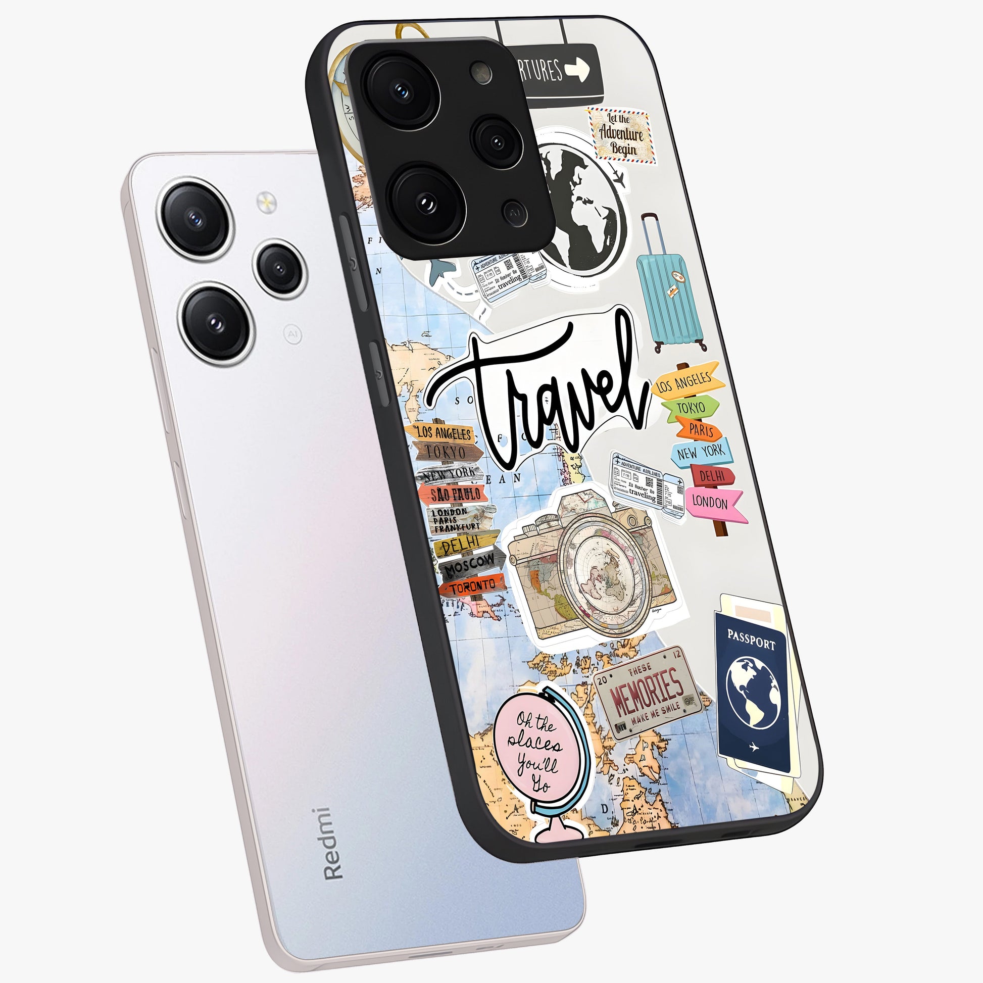 Wanderlust Journal Glass Case displayed in angled mockup highlighting adventure themed design with aesthetic travel vibe.