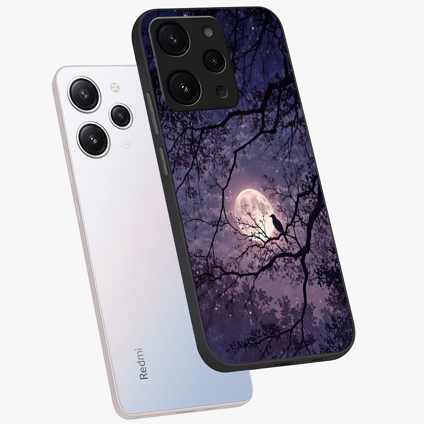 Whispering Moon Silence Glass Case displayed in angled mockup highlighting calm lunar design with dreamy night aesthetic.