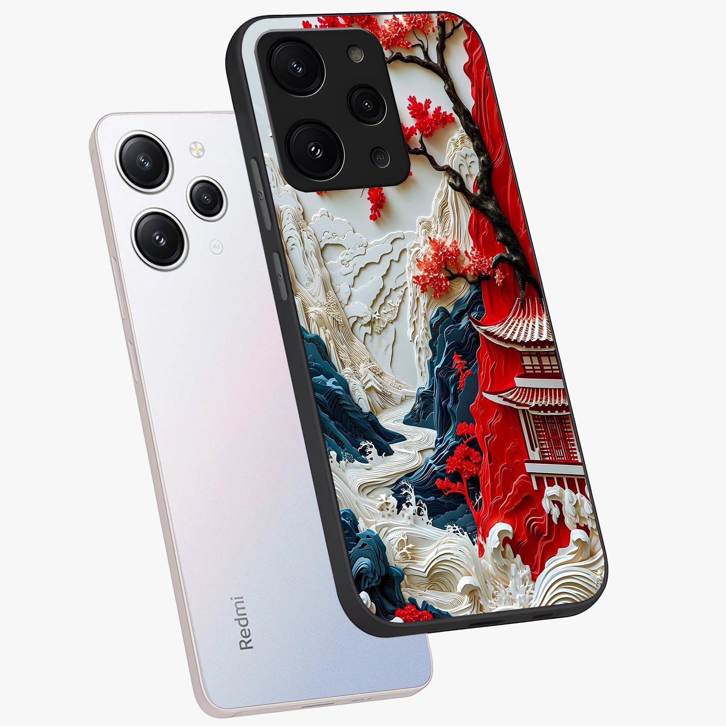 Whispers Of Sakura Waves Glass Case displayed in angled mockup highlighting flowing sakura design with soft floral aesthetic.