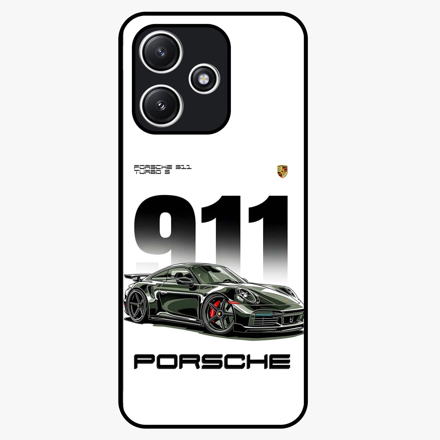 911 Turbo Dominance Glass Case showing clean flat back view with bold 911 sports car artwork and glossy glass finish.