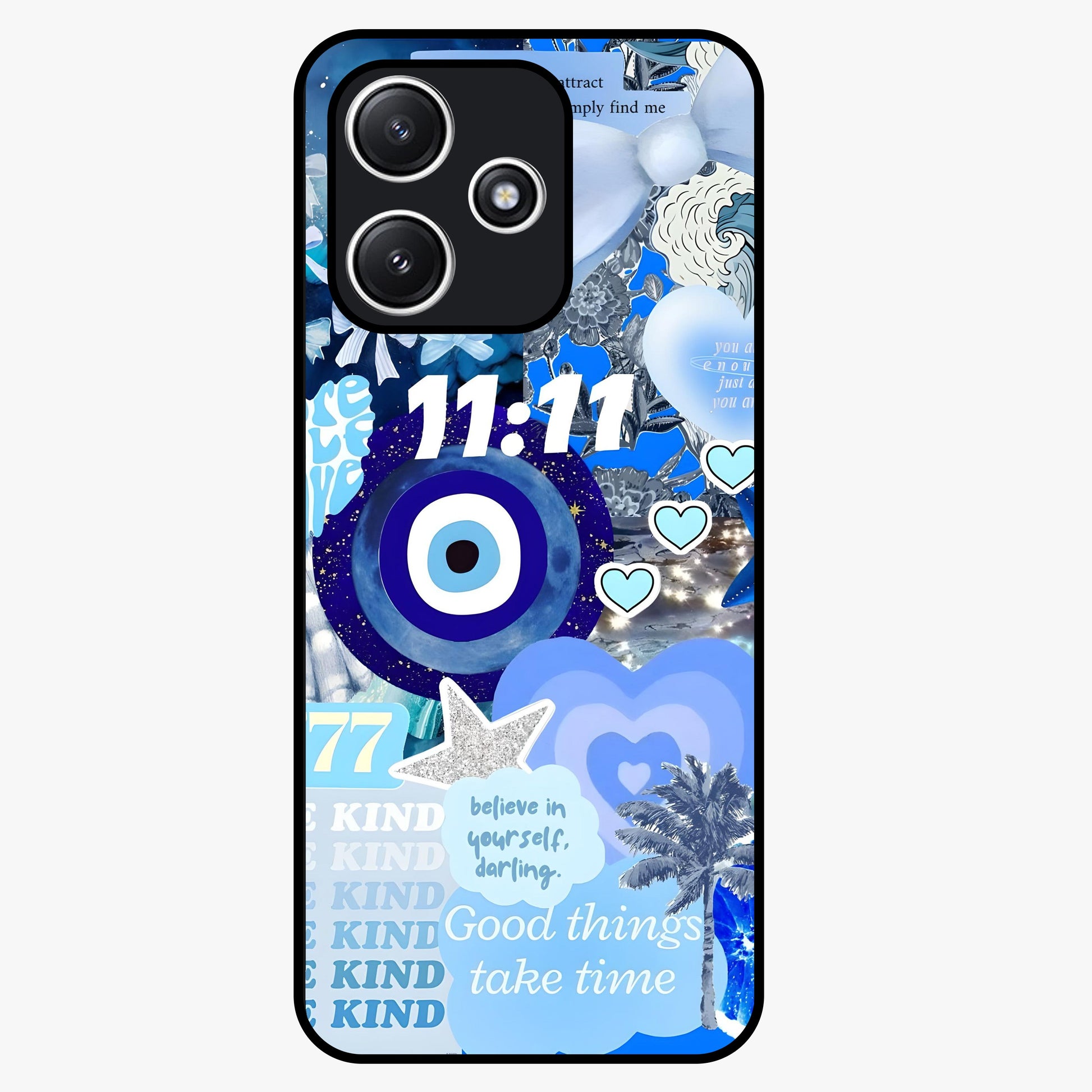 Aesthetic Be Kind Eye Glass Case showing flat back view with motivational eye artwork and glossy glass finish.