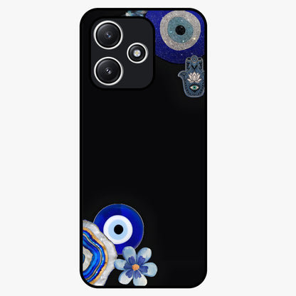 Aesthetic Blue Evil Eye Glass Case showing flat back view with protective evil eye artwork and glossy glass finish.