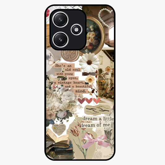 Aesthetic Brown Vintage Collage Glass Case showing flat back view with retro collage artwork and glossy glass finish.