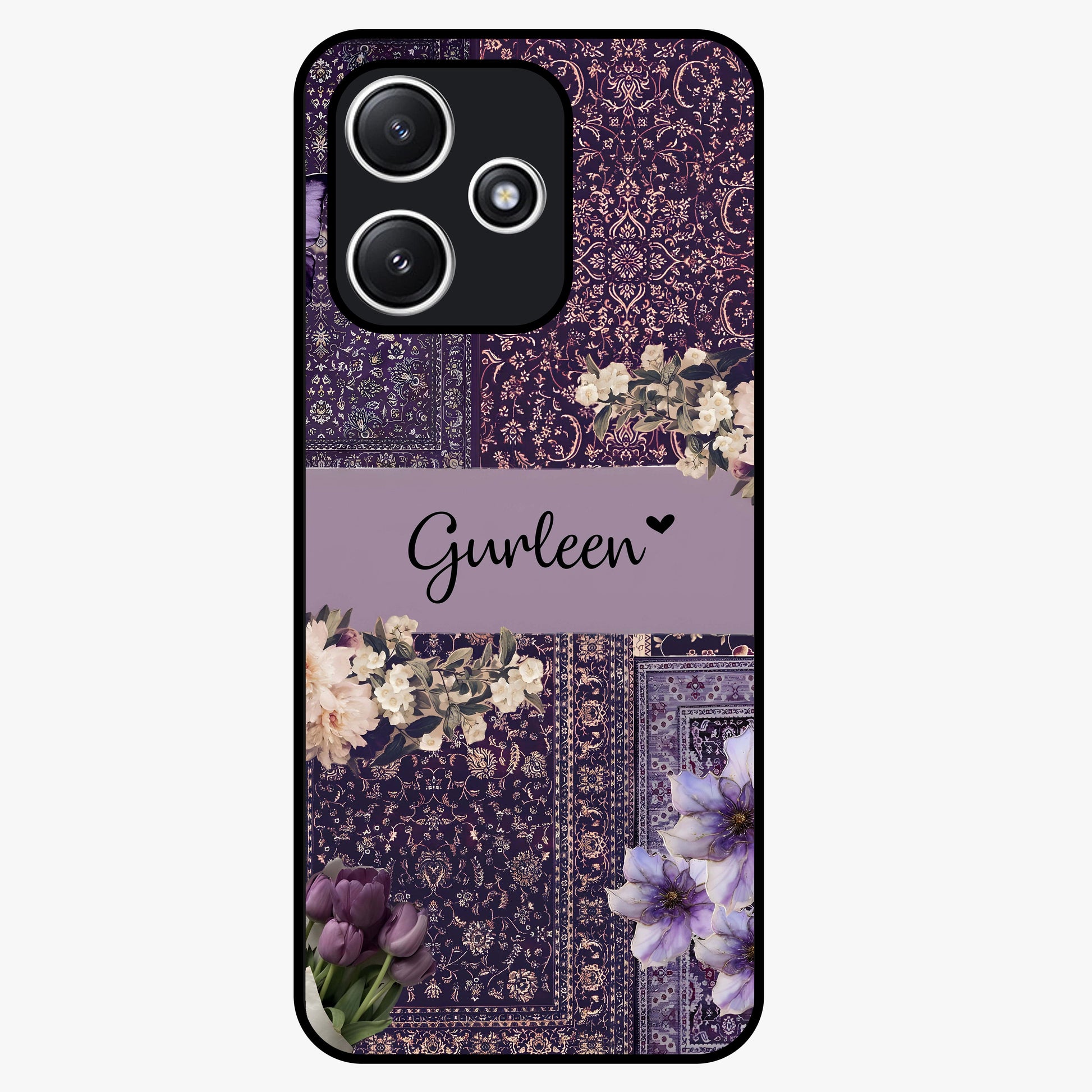 Antique Floral Whisper Custom Name Glass Case showing flat back view with vintage floral artwork and personalized name design.