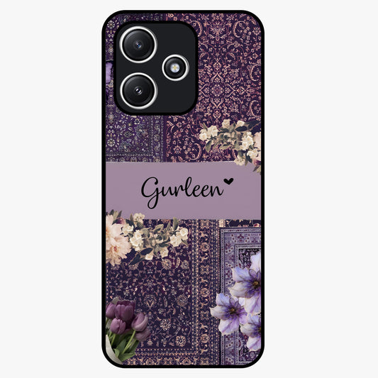 Antique Floral Whisper Custom Name Glass Case showing flat back view with vintage floral artwork and personalized name design.