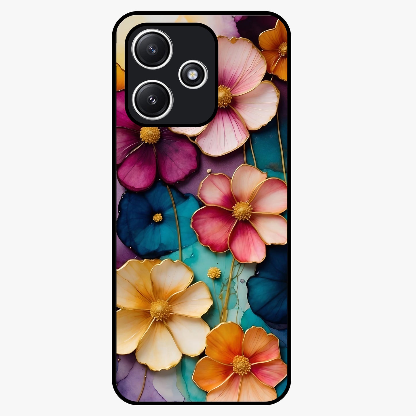 Artlyn Grace Flower Pattern Glass Case showing flat back view with elegant floral pattern artwork and glossy glass finish.