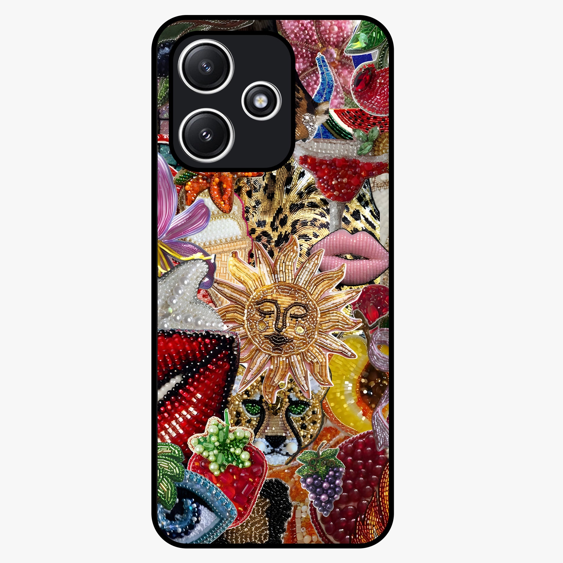 Beaded Fashion Jungle Glass Case showing flat back view with vibrant jungle inspired bead artwork and glossy glass finish.
