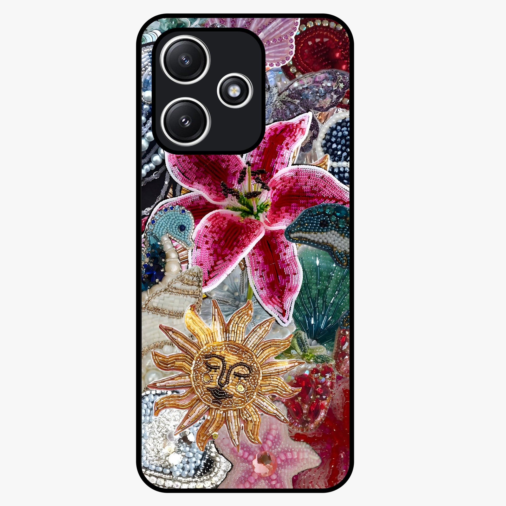 Beaded Garden Fantasy Glass Case showing flat back view with dreamy garden bead artwork and glossy glass finish.