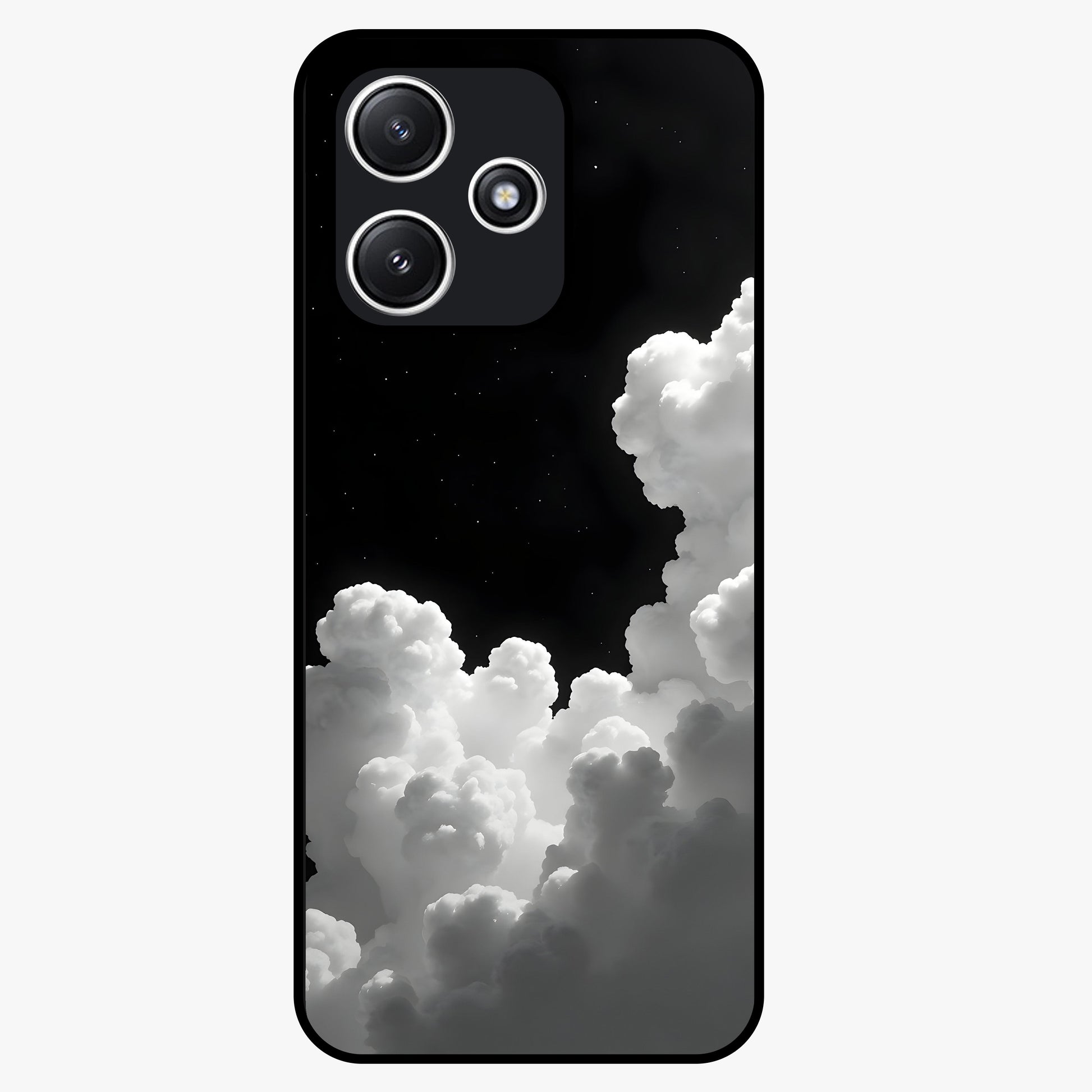 Black Background With White Cloud Glass Case showing flat back view with minimal cloud artwork on dark background and glossy glass finish.