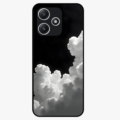 Black Background With White Cloud Glass Case showing flat back view with minimal cloud artwork on dark background and glossy glass finish.