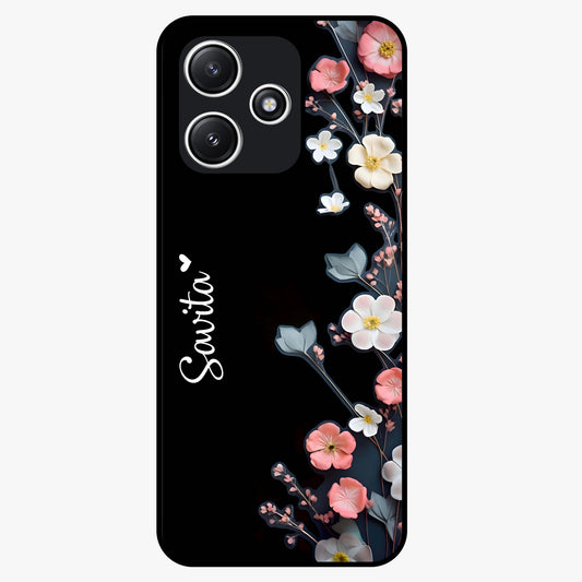 Black Elegance Floral Custom Name Glass Case showing flat back view with elegant floral artwork and personalized name design.