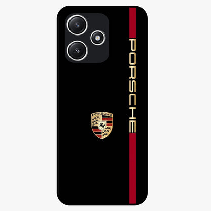 Black Minimal Porsche Glass Case showing flat back view with sleek minimal sports car artwork and glossy glass finish.